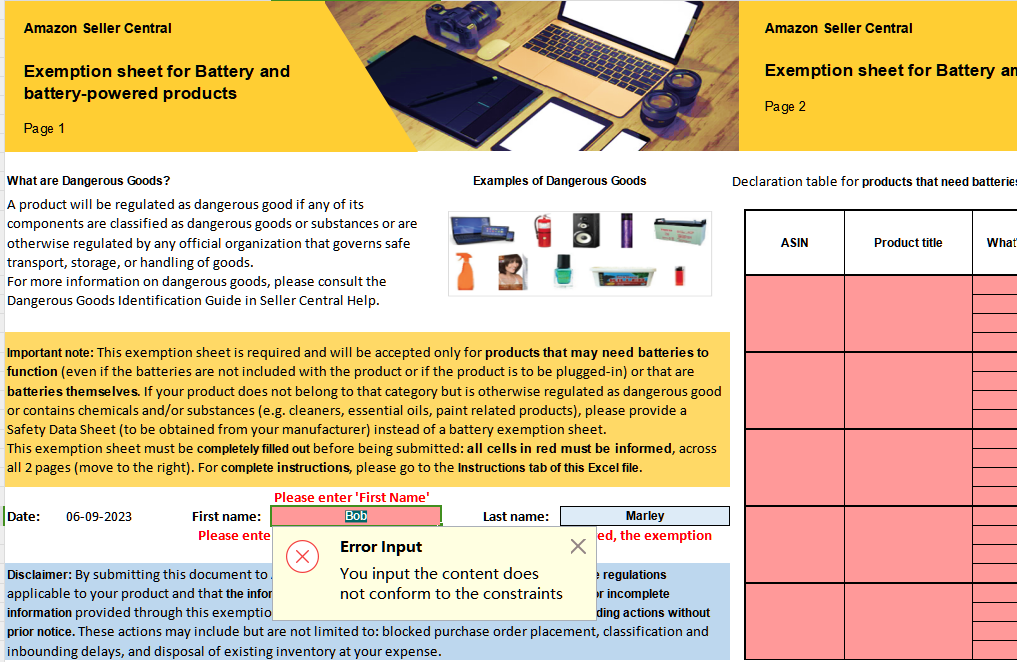 Battery exemption sheet problems